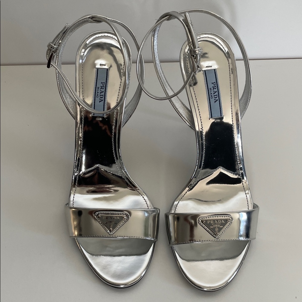 Prada Argento Metallic Silver Ankle Wrap Sandals size 38.5